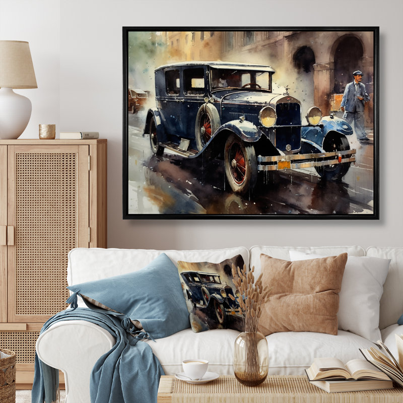 Malonnie, voitures emblématiques bleues et brunes sur toile, H 30 po x l 40 po x P 1,5 po, Cadre flottant noir