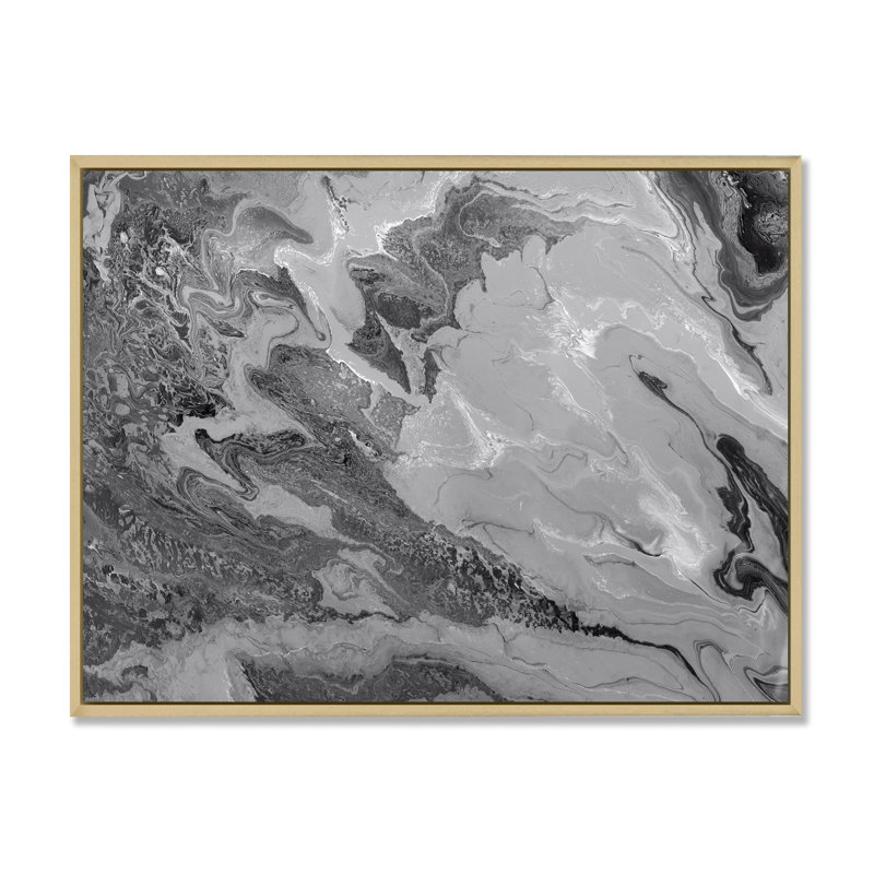 Gris ondulé liquide - peinture sur toile, Cadre flottant en érable, H 34 po x l 44 po x P 1,5 po