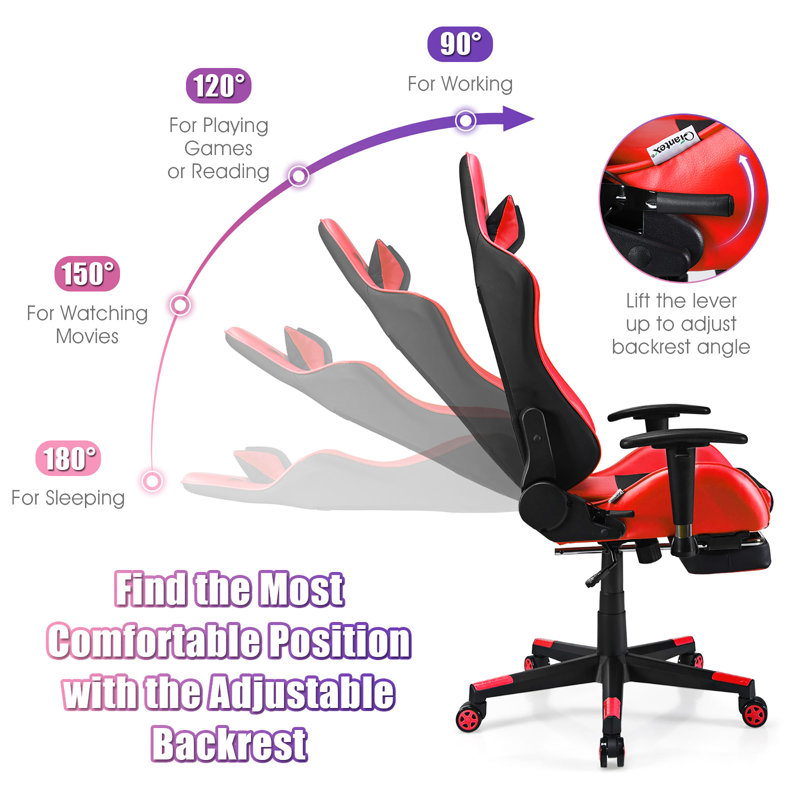 Inbox Zero Adjustable Reclining Faux Leather PC & Racing Game Chair with Footrest, Red/Black