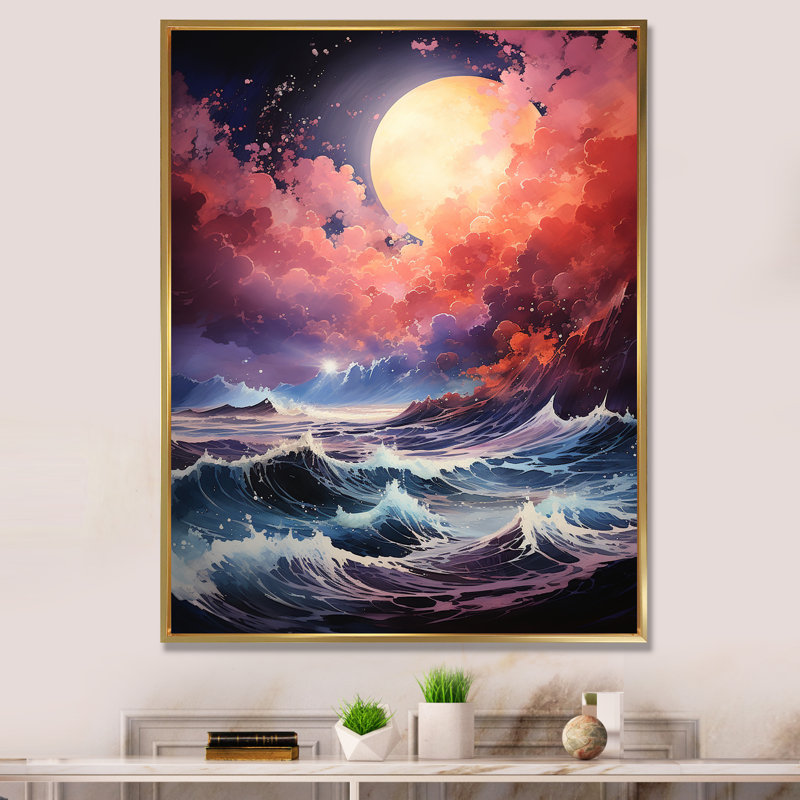 Océan coucher de soleil tempête 3 - tempêtes, art mural, Cadre flottant doré, H 32 po x l 24 po x P 1 po