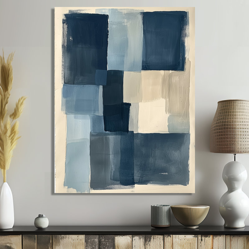 Carrés indigo superposés I - Tableau géométrique encadré, H 44 po x l 34 po, Toile tendue