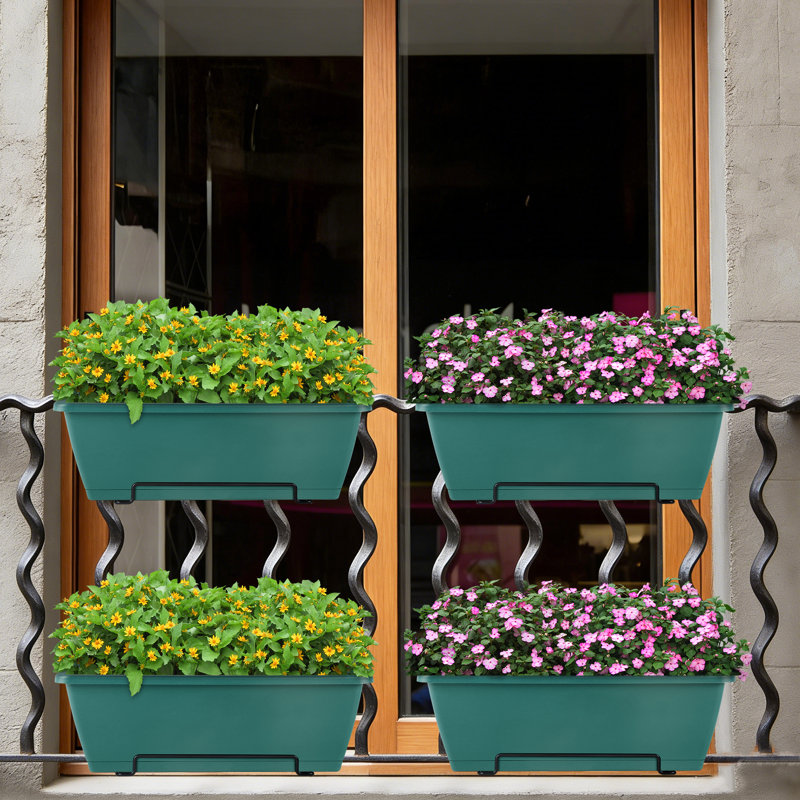 Ensemble de 4 boîtes à fleurs vertes avec supports en métal noir et jardinières suspendues pour balcon et clôture