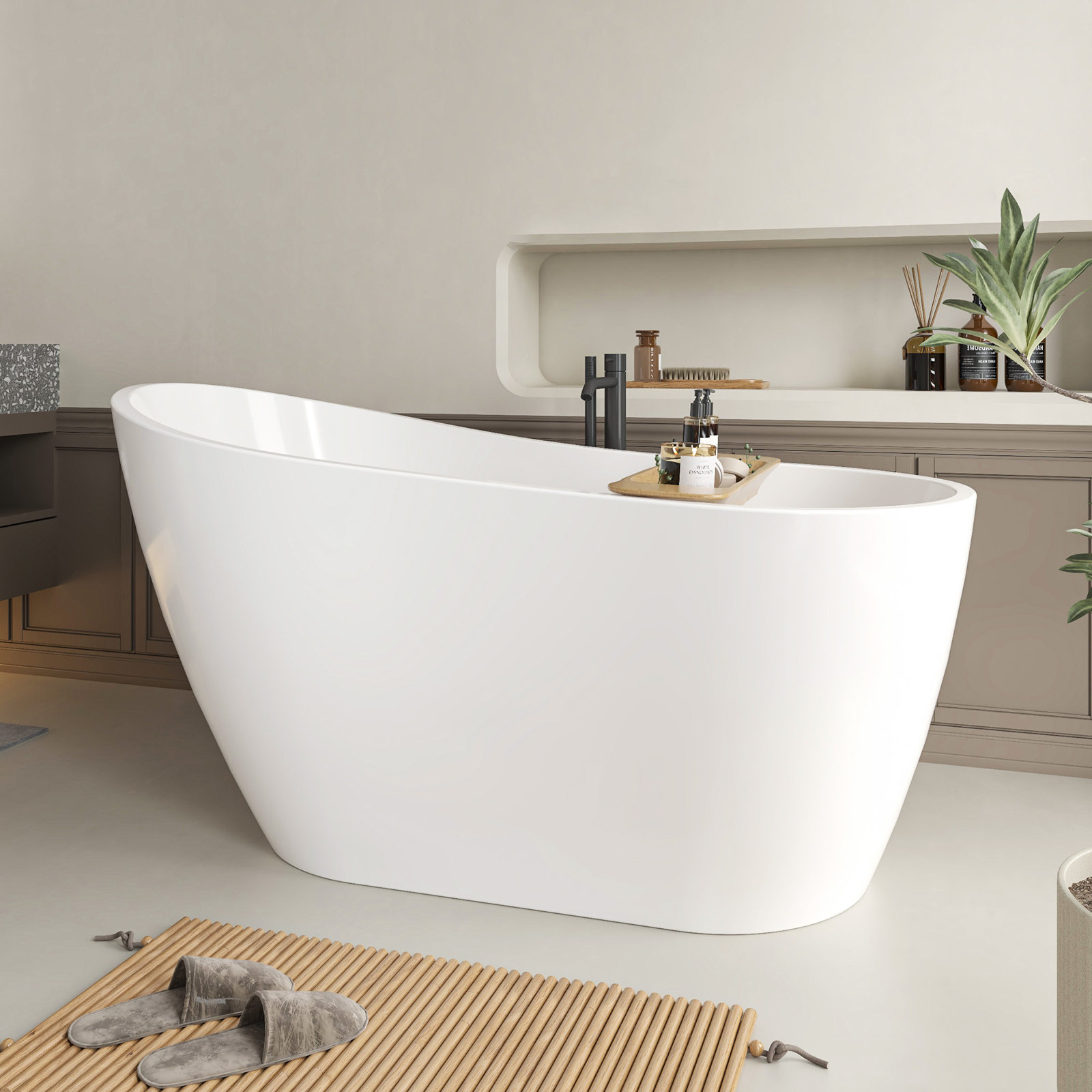 Maya 55" x 28" Freestanding Soaking Acrylic Bathtub, White/Matte Black