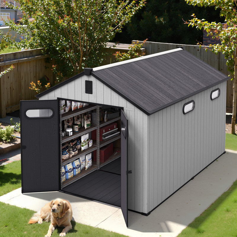 8 Ft. W X 12 Ft. D Outdoor Metal Storage Shed, Includes Acrylic Transparent Windows and Water Drainage, Gray/Black