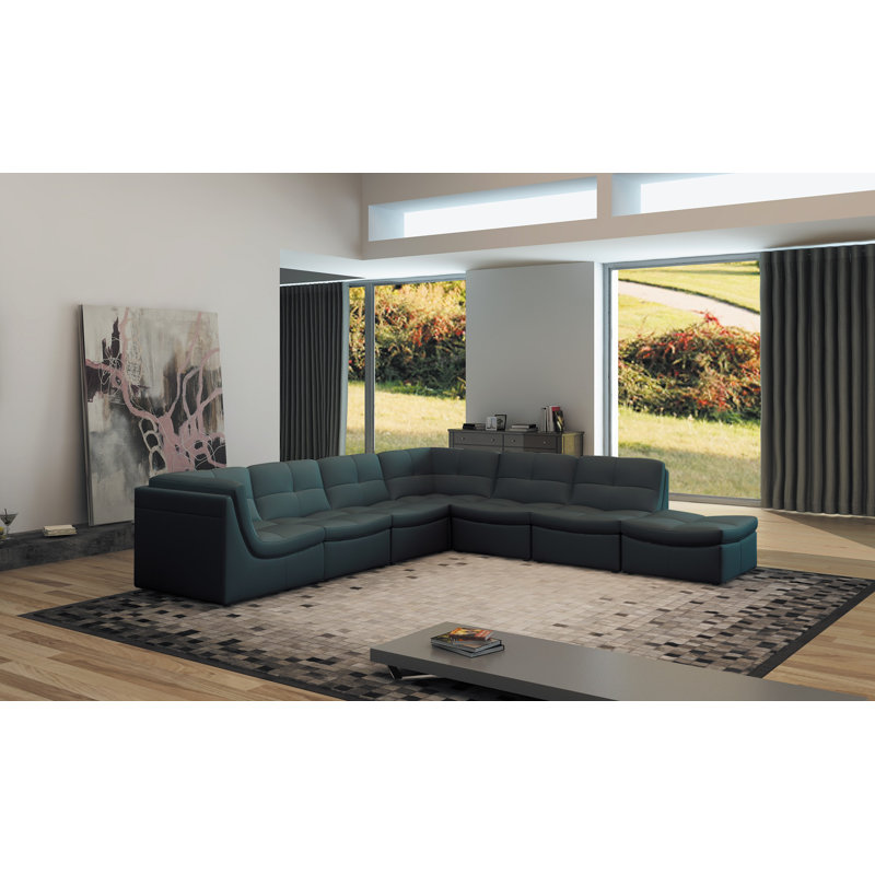 Pendik Faux Leather Right Hand Facing Modular Sectional with Ottoman, Gray Faux Leather