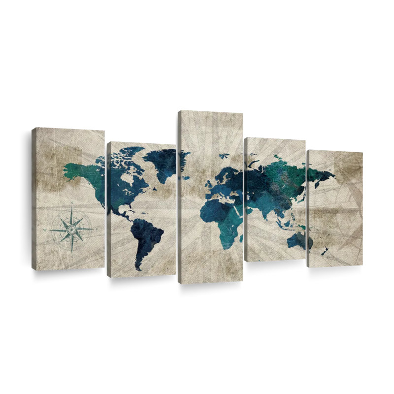 «World Map Aged World Map I» sur toile 5 pièces par Tess P, H 27 po x l 54 po x P 1,25 po