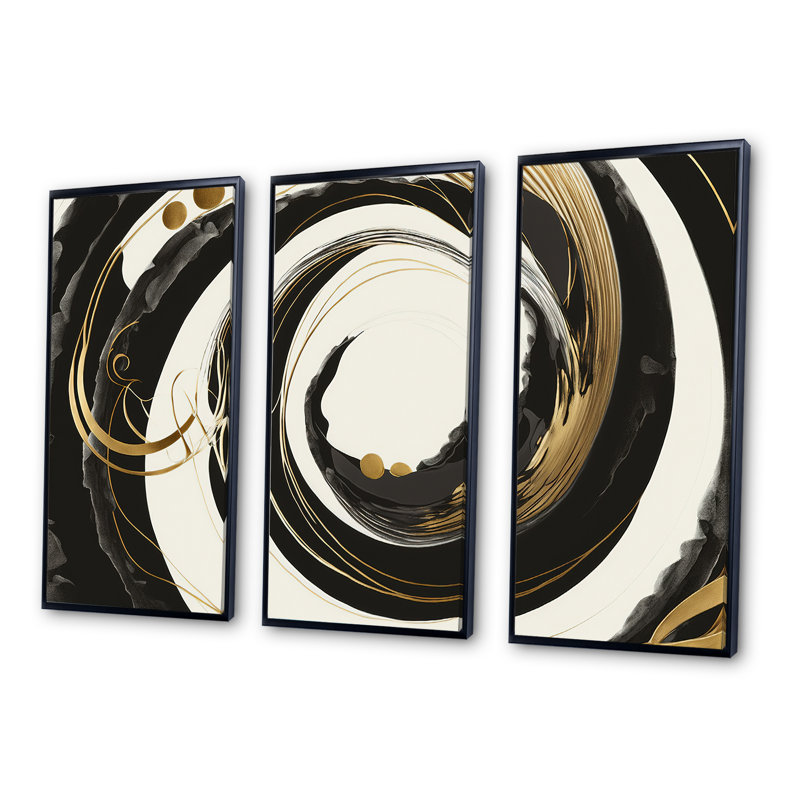 Diletta noir, argent et or mélangeant des tourbillons II - impression de cadre flottant 3 pièces sur toile, Cadre noir