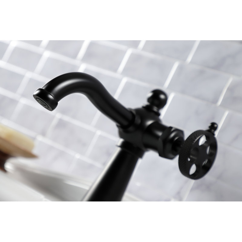 Kingston Brass Webb Single-Handle 1-Hole Deck Mount Bathroom Faucet with Knurled Handle and Push Pop-Up Drain, Matte Black