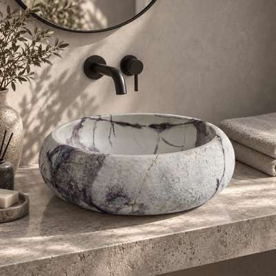 Lavabo-vasque rond en pierre zen de 40 cm (16 po) avec veinage en travertin violet, style artistique et surface solide