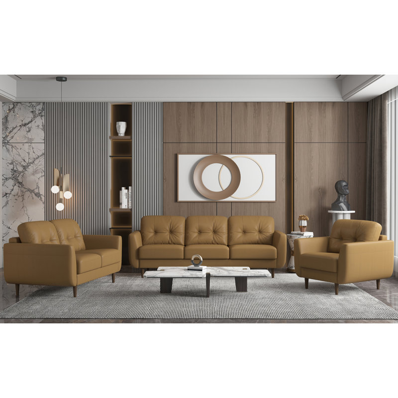 Canapé 82,6 po à accoudoirs évasés en cuir véritable, Cuir véritable brun