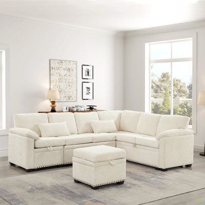 97 Inch L-Shaped Corner Sectional Sofa Couch With Seat And Storage Ottoman,Chenille Fabric Corner Couch With 7 Seats & 2 Pillows For Living Room