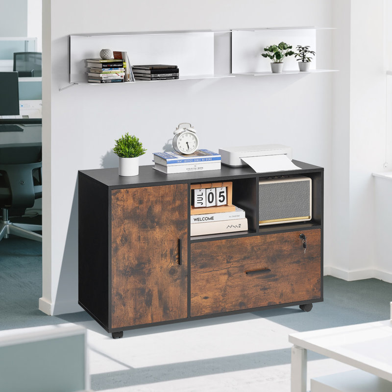 Wood File Cabinet, Mobile Filing Cabinet with Open Shelves, Lockable Lateral Rolling File Storage with Adjustable Shelves, Free Standing Printer Stand for Home, Office, School, Rustic Brown