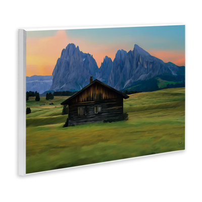 Solitary Cabin with Looming Cliffs Wall Plaque, design by Renel Peters
