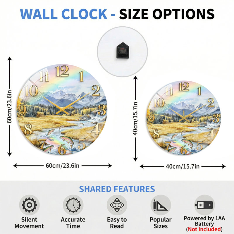 "Mountain Stream", horloge murale en verre, 60 x 60 cm (23,6 x 23,6 pouces)