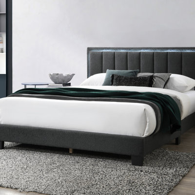 1Pc Queen Size Bed Charcoal Wool Fabric Channel Tufting W LED Full Upholstered Bedframe Bedroom Bed