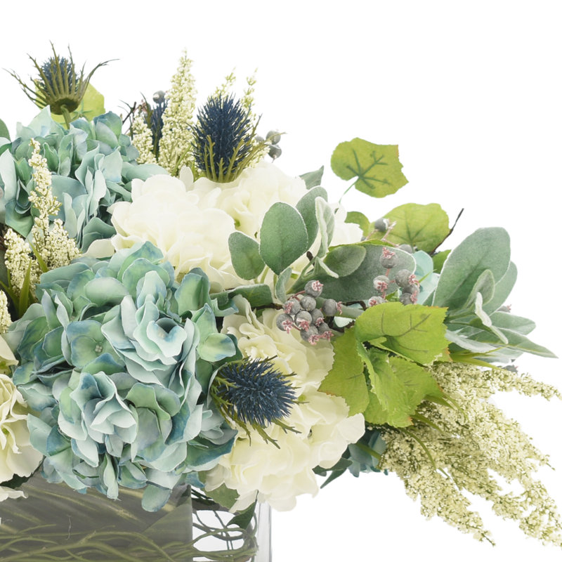 Mixed Floral Arrangement with Hydrangeas, Thistle and Protea, 19" H x 25" W x 17" D