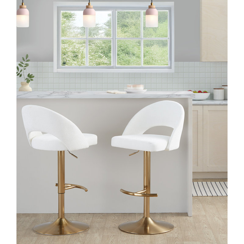 Tabouret de bar réglable avec pivot, Doré, Blanc / tissu