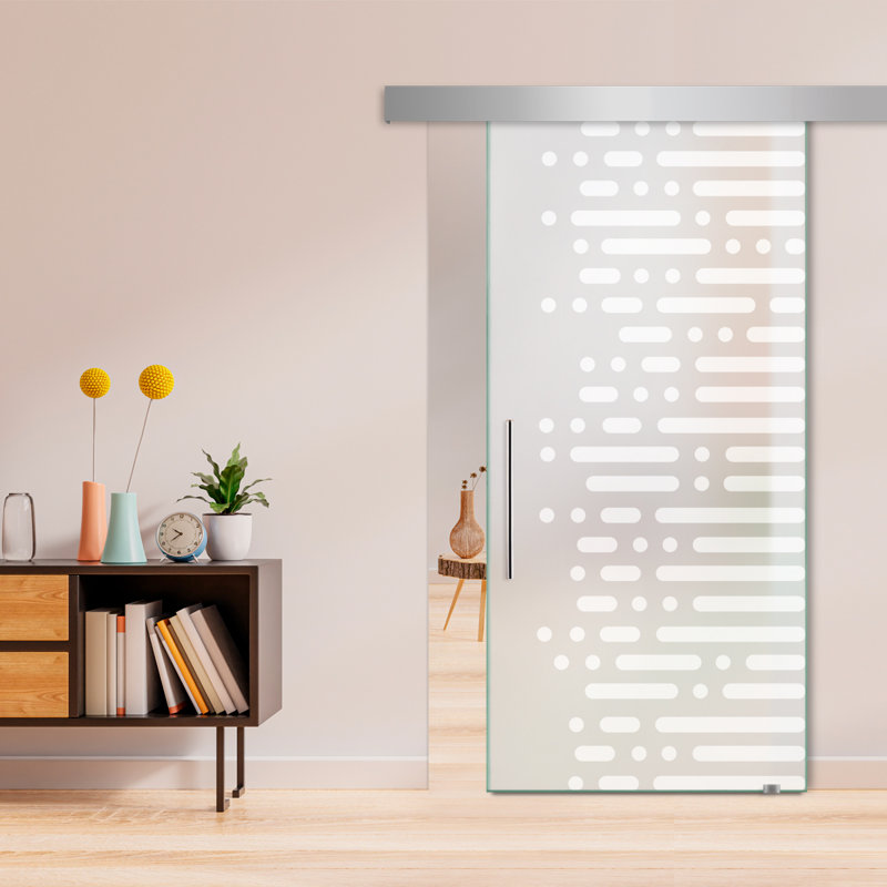 Porte de grange coulissante en verre sans cadre avec design moderne givré + ensemble de quincaillerie (double-privé), Blanc