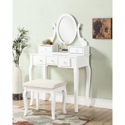 Table de coiffeuse blanche et tabouret By Wood - Miroir réglable et 5 tiroirs pour produits cosmétiques