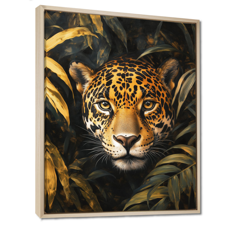 Regard du jaguar d'Amazonie - Portrait animalier orange sur toile encadrée, H 20 po x l 12 po, Cadre naturel flottant