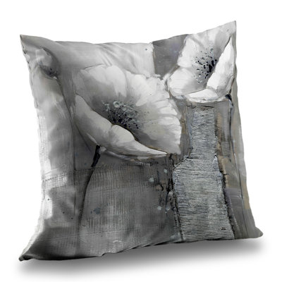 Industrial Monochrome Flowers - White Botanical Throw Pillow – Poly Twill Throw Pillow with Insert, Double-Sided Print