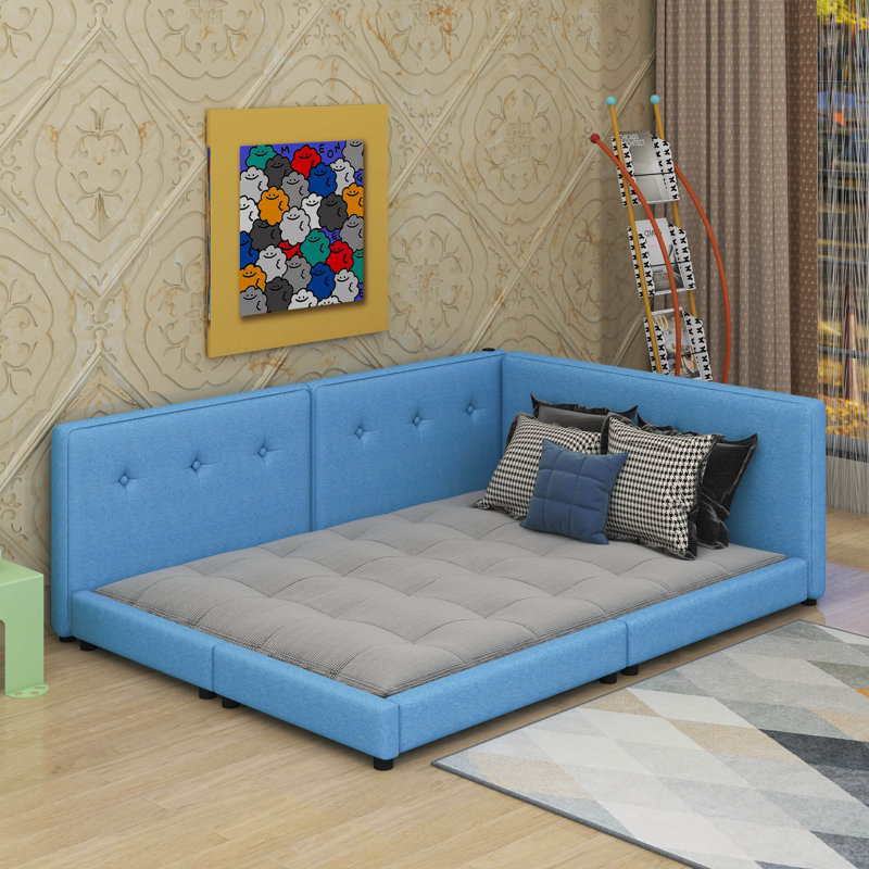 Lit plateforme double tapissier avec USB, Lit double, Bleu