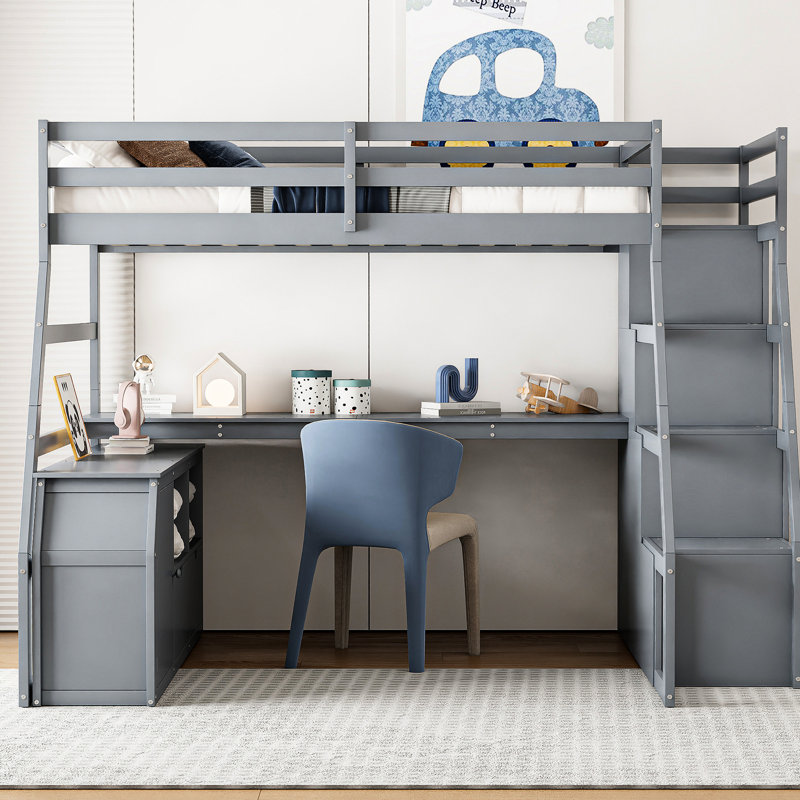 Lit mezzanine pleine grandeur gris avec 7 tiroirs, 2 tablettes et un bureau - Clôture unique en forme de charme de chambre à coucher avec trois couleurs