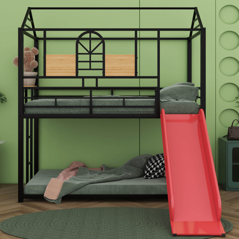 Alexsi Twin Over Twin Metal Bunk Bed ,Metal Housebed With Slide, Black, Red