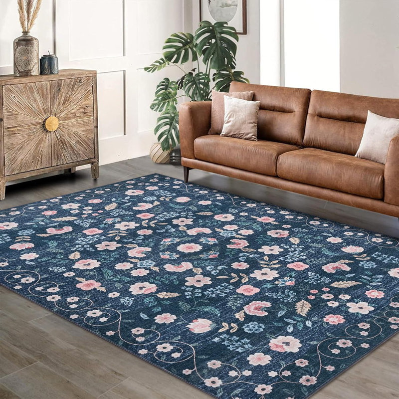 Tapis floral lavable de 10 pi x 13 pi idéal pour la salle à manger, Noir