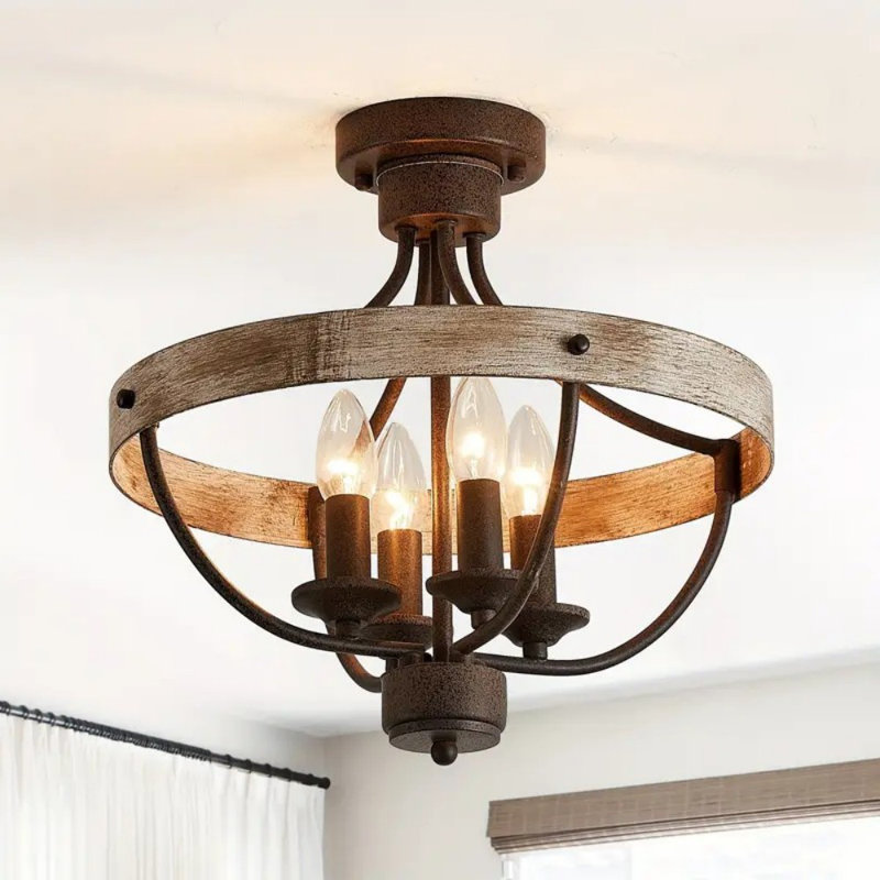 4-Light Brown And Vintage Wood Semi-Flush Mount Ceiling Light 15.4 In. W X D 14.6 H Farmhouse Mid-Century Modern Iron Dimmable