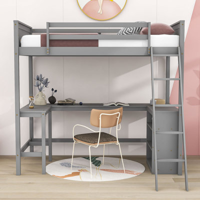 Wood Loft Bed With Desk And Shelves by Harriet Bee