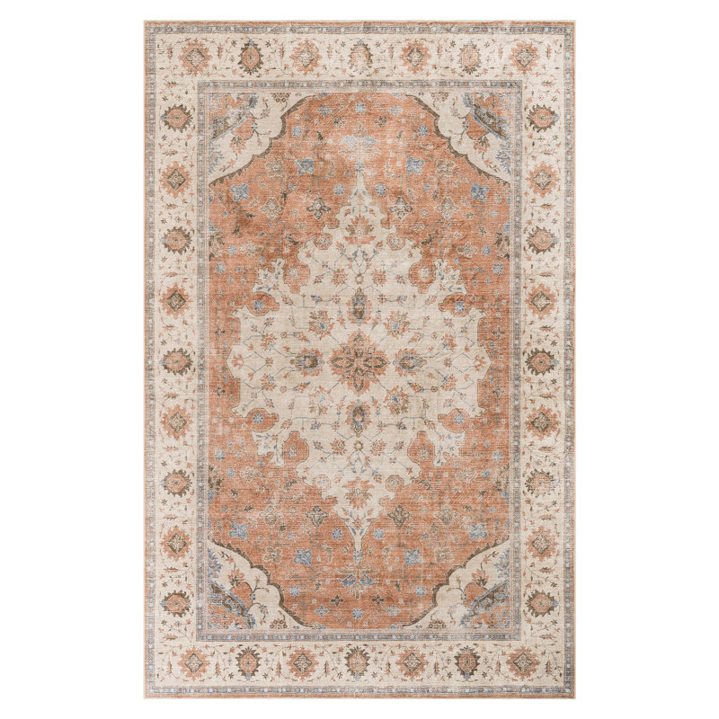 Machine Washable Vintage Oriental Area Rug Non-Slip Backing Orang/ Beige/Blue Indoor Carpet for Living Room, Bedroom, Hallway Runner