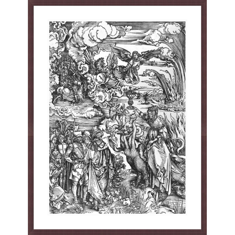 Scène de l'Apocalypse, la grande pute babylonienne (gravure sur bois) (photo en noir et blanc) par Albrecht Dürer, impression giclée encadrée