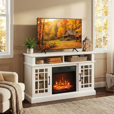 Meuble télé avec foyer électrique blanc - 49 po avec 2 tablettes, 2 armoires, télécommande et flamme réglable à 3 niveaux pour téléviseur de 55 po ou moins