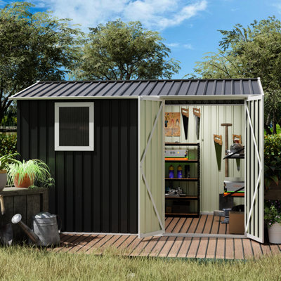 Abri de jardin en métal 9,5 x 6,7 pi, structure en fer, intempéries, grand espace pour les articles ménagers, fenêtre translucide 9 x 6 pi, cadre renforcé, assez