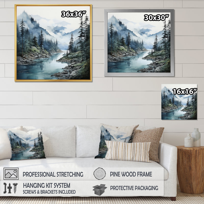 Blaykleigh gris bleu minimalisme forêt reflets II - impression, H 16 po x l 16 po x P 1 po, Cadre flottant noir