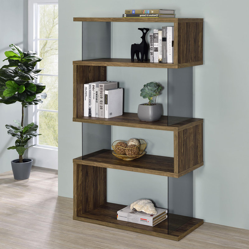 Bibliothèque 63 pouces à 4 tablettes en verre vieilli noyer vieilli