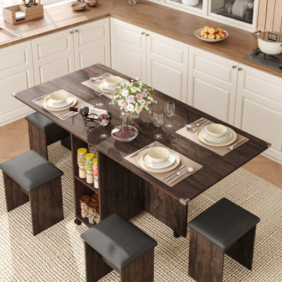 Ensemble de table à manger pliante 5 pièces pour 4 personnes, table à abattants de 170 cm avec 4 tabourets en cuir, table de cuisine mobile et extensible avec compartiment de rangement et roulettes pour petits espaces