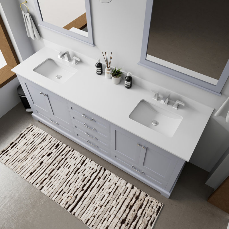 Meuble-lavabo double l 80 po x P 22 po, comptoir en quartz blanc, ensemble de robinet et miroirs de 30 po, Gris foncé