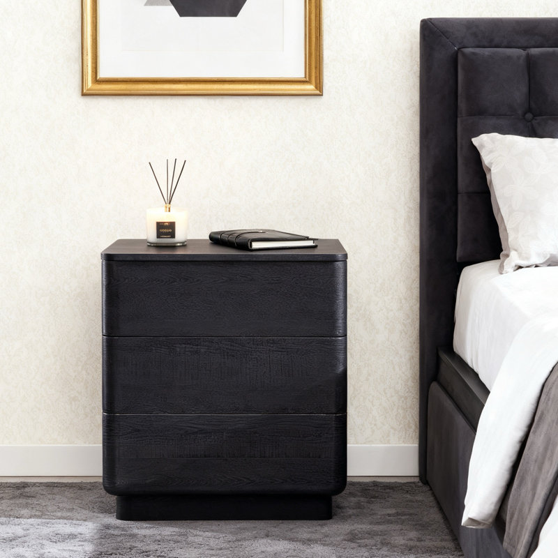 Modern 3 Drawer Nightstand With Charging Station, Push-To-Open Handleless Design, Black, Black