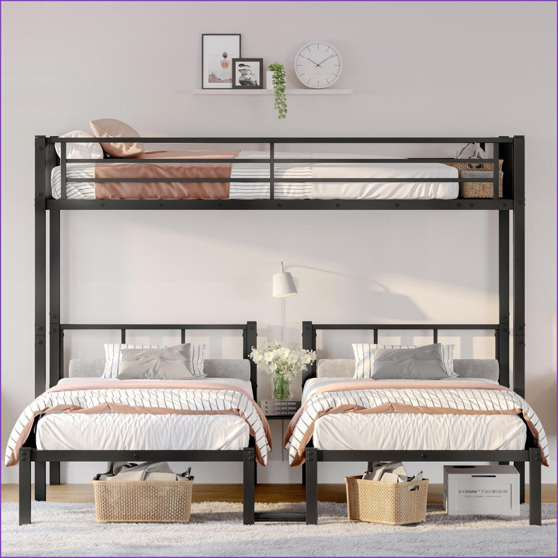 Twin/Twin/Twin Metal Triple Bunk Bed with Storage - Detachable, No Box Spring, Black, Black