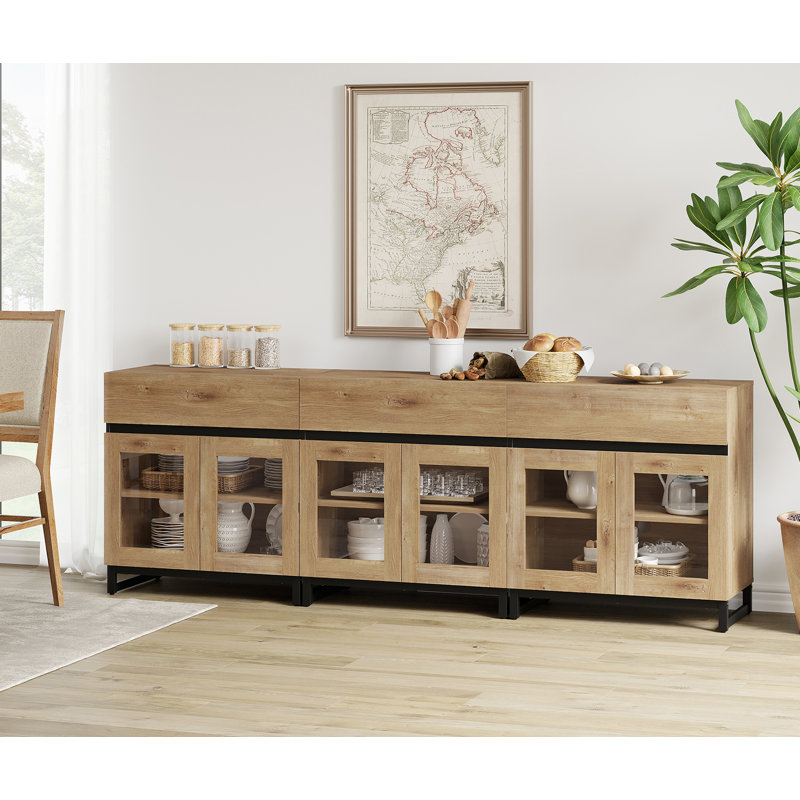 3 In 1 Multifunctional Sideboard Buffet Cabinets With 6 Glass Doors And 3 Drawers, Modern Sideboard Credenza With Metal Base, Coffee Bar Storage Cabinet For Living Room, Kitchen