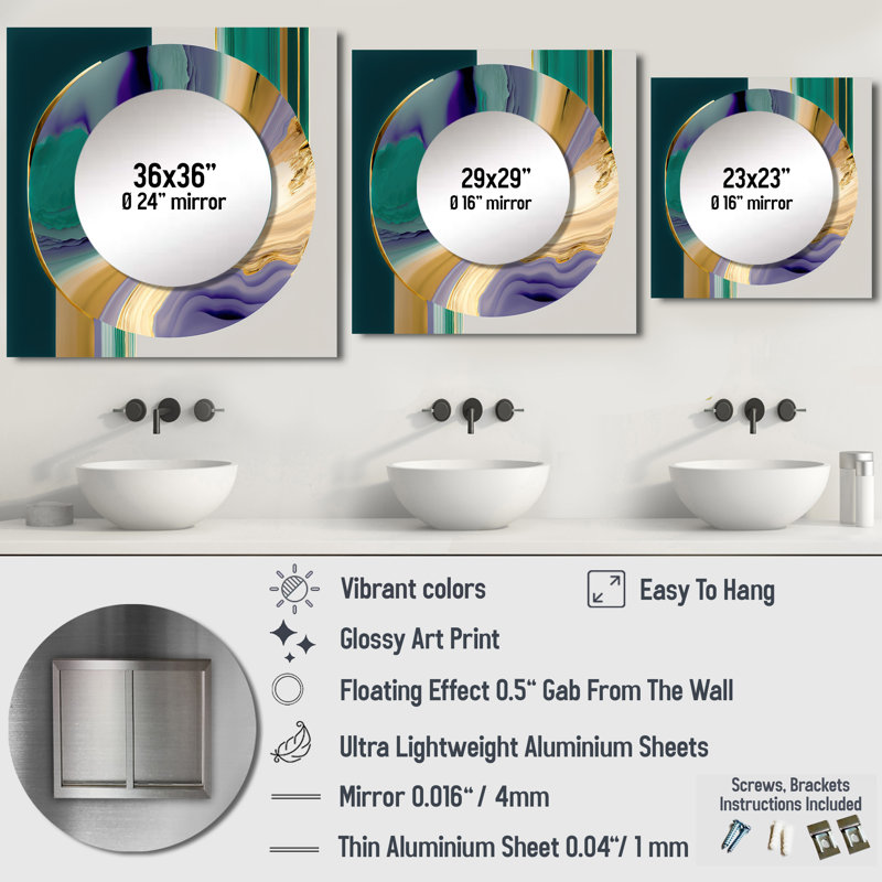 Rontez - Art mural moderne miroir carré pour salle de bain, 23 po x 23 po