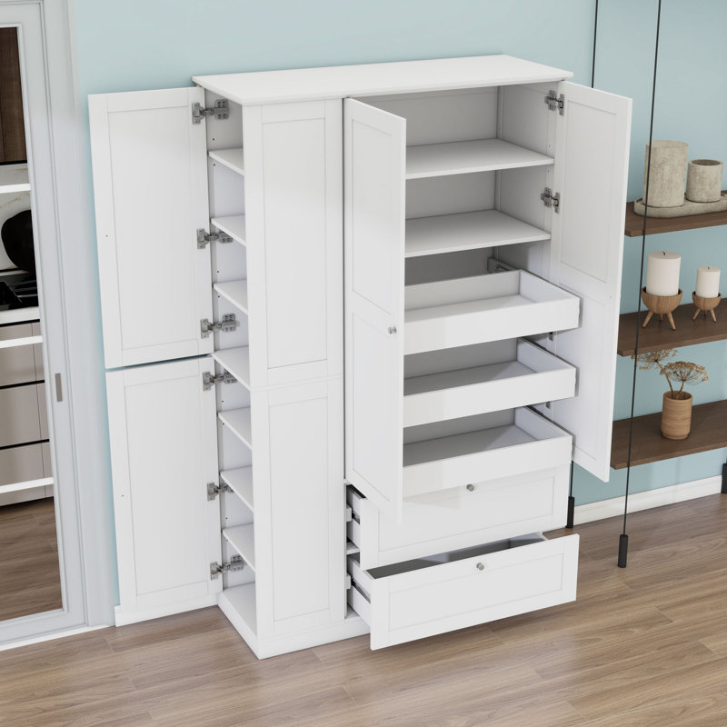 Grand garde-manger de style campagnard avec tablettes, 2 tiroirs et 3 plateaux coulissants, White