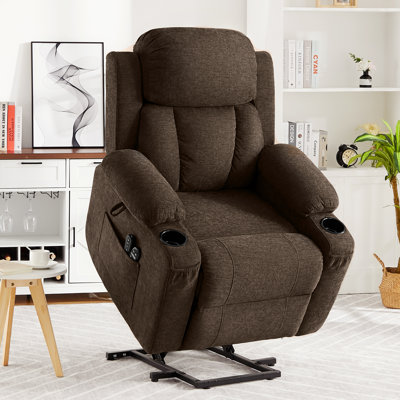 Oversized Chenille Power Lift Recliner with Heat & Massage, Large Electric Chair for Seniors with USB Port & Cup Holders, Smart Remote for Living Room, Brown