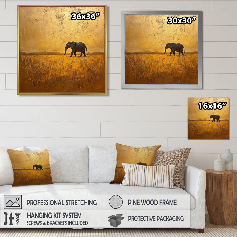 Éléphant doré dans le désert ouvert d'Afrique I - éléphant, art mural grand, H 16 po x l 16 po, Argent argent