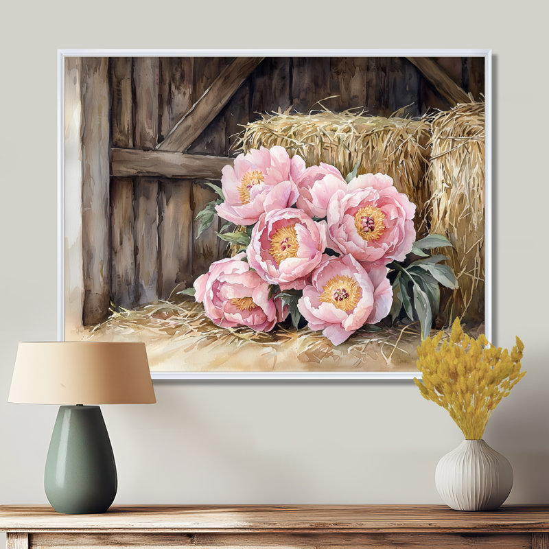 Dortha Farm, pivoines dans le Hayloft I - pivoines, art mural, H 12 po x l 20 po, Impression encadrée flottante, Blanc