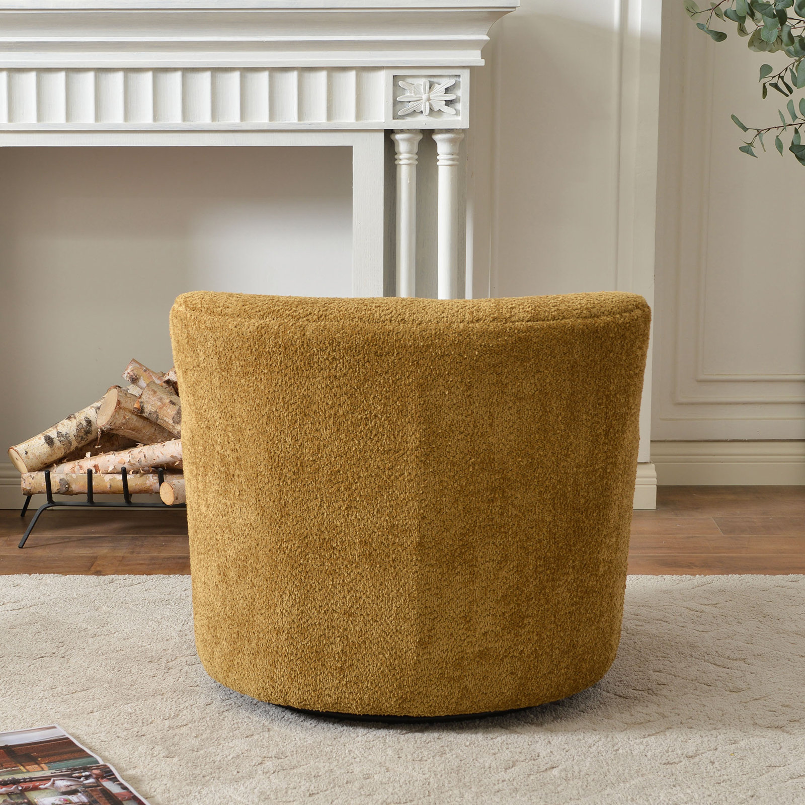 Fae Chenille Upholstered Swivel Armchair, Golden Ochre Textured Chenille
