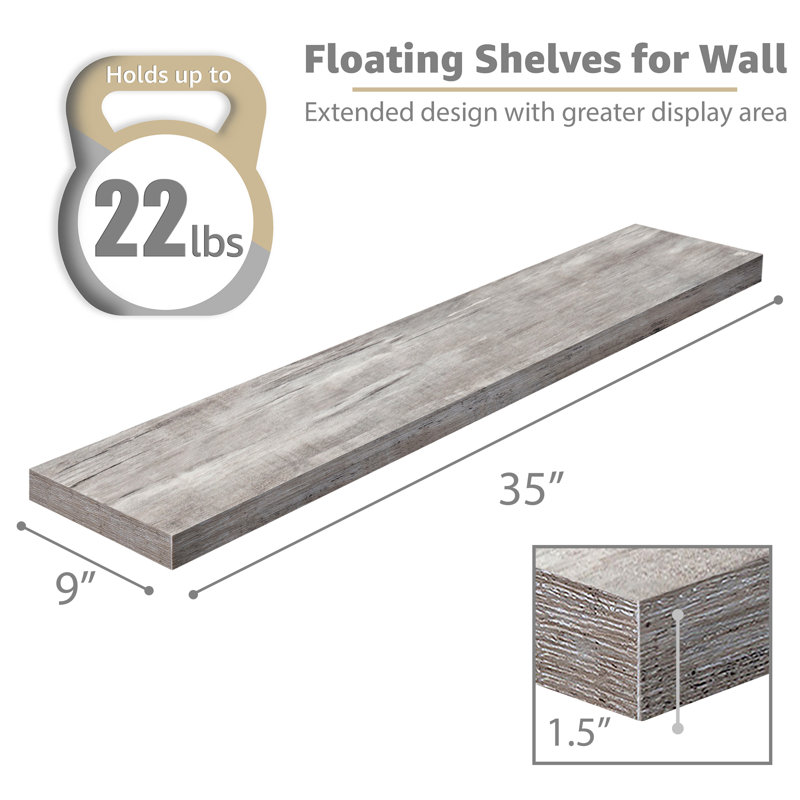  Ensemble de 2 tablettes flottantes de 35 po de long avec fixation invisible - gris, Gris, 1.5” H x 35'' L x 9'' W