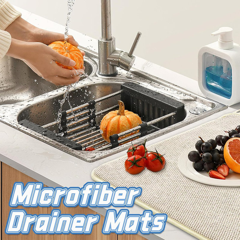 Dish Drying Mat – Beige / Blue / Gray – Large, Absorbent Microfiber, Kitchen Counter, Coffee, Rack & Under Sink Use